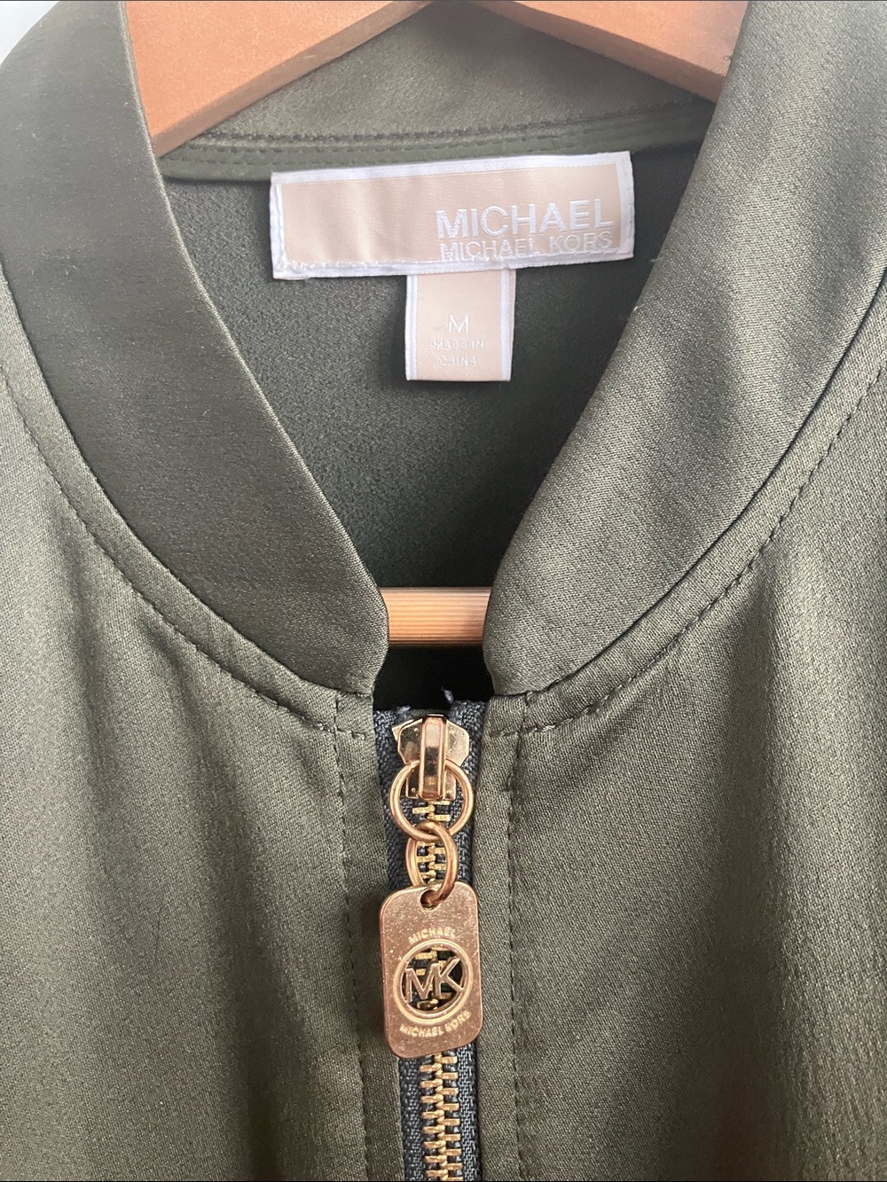 Michael Kors Satin Bomber Jacket in Olive - Picture 2 of 7